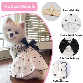 Dog Dresses for Small Dogs Girl, Puppy Dress Heart Print Cat Dress Summer Clothes Bow Skirt with Crown Hair Clip, Small Dog Dresses Female Cat Apparel Holiday Pet Outfit for Birthday Wedding
