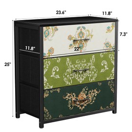 Memobarco Nightstand, End Table, Bedside Table, Small Tall Boho Dresser for Bedroom with 3 Drawer, Chest of Drawers Fabric Dressers with Wood Top for Closet, Living Room, Retro Flower