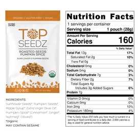 Top Seedz Pumpkin Spice Roasted Seeds | 6-Pack | 6 ounces | Organic, Gluten-Free, Vegan | Made of Shelled Sunflower & Pumpkin Seeds, Maple Syrup, Pumpkin Spice, Extra Virgin Olive Oil