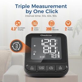Checkme Checkme Blood Pressure Monitor for Home Use, Bluetooth Blood Pressure Machine w X3 Mesure Function, Arm Cuff 22-42cm, Large Screen w Backlit, 2 Power Mode, 2*199 Memory & Unlimited Data on APP, BP3-B