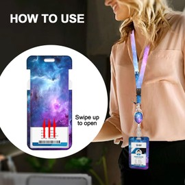 Lanyard for Keys with Retractable Reel Clip and Hard Vertical Card,Breakaway Lanyard ID Card Protector Case,ID Card Holder for Wome(Starry Sky)