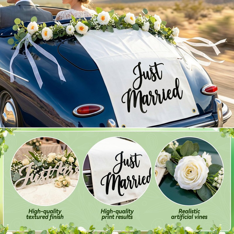Just Married Wedding Backdrop Set with Just Married Sign, Eucalyptus