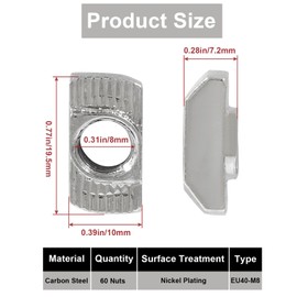 Bikasun Pack of 60 Hammer Head Nuts, M8 Thread 4040 Profile T-Slot Nuts, Carbon Steel, T-Slot Nuts, T Nut Nuts, Hammer Nut for Aluminium Profile Extrusion Slot, EU40-M8