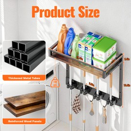 FLOUREE 2 Packs Broom Holder Wall Mount with Shelf Load 66LBS Broom and Mop Organizer Wall Hanging Broom Hanger with 4 Mop Hanger Grippers, 3 Hooks for Laundry Room, Garage, Utility Closet, Kitchen