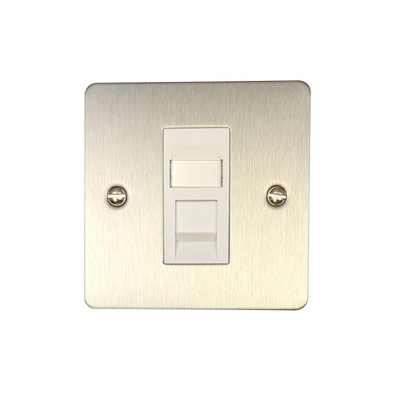 Flat Brushed Steel RJ45 Socket (1 Gang/White Insert)