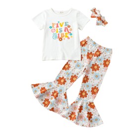 CHAUKAREAUL Toddler Baby Girl 5th Birthday Outfit Groovy Flower Print Short Sleeve Shirts Top Floral Flared Bell Bottom Pant (White 5th, 4-5 Years)