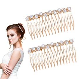 2 Pcs French Pearl Hair Comb Slides for Women, Decorative Gold Pearl Side Combs with Teeth Rhinestones, Vintage Rhinestone Crystal Side Combs Accessories for Girls Bridal Fine Hair