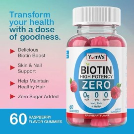 YUMVS Biotin Max Potency 60 Rasberry Flavor Gummies Zero Sugar GMO Gluten