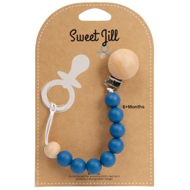 Sweet Jill Pacifier Clip Made with Silicone Beads and Secured with Wood Clip. 1 Piece Design. BPA-Free. Chewable. 9" Long. Keeps Pacifiers and teethers securely Fastened. (Navy)