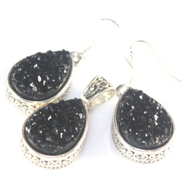 SILVER Vintage Style Black Titanium Druzy Teardrop Pendant & Earrings Jewelry Set