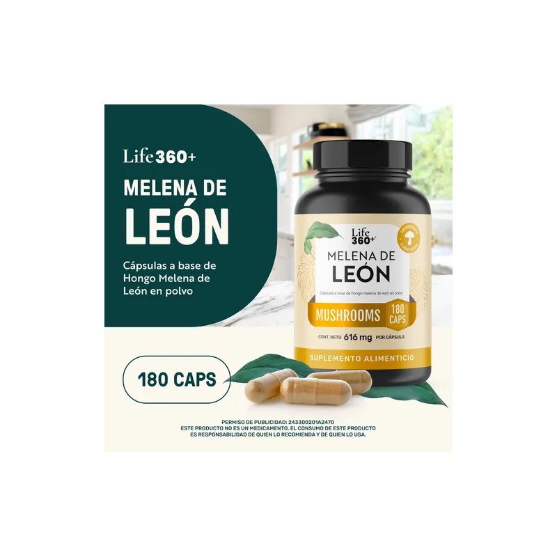 Melena De León Mushrooms Life 360+ 180 Cápsulas A Base