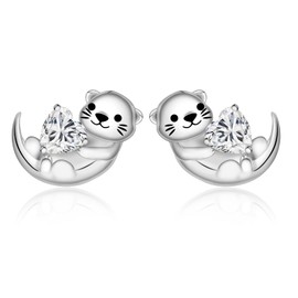 Cute Otter Earrings for Women - 925 Sterling Silver Birthstone Sea Otter Stud Earrings Cute Animal Stud Heart-Shaped CZ Diamond Hypoallergenic Jewelry Gift Apr., Normal, Sterling Silver, Cubic