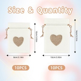 TPTGIAR 20 PCS Heart Hessian Bags, Reusable Small Gift Bag for Jewellery, Hessian Sack with Drawstring, 2 Sizes of Jute Bags for Valentines Wedding Party and DIY Craft