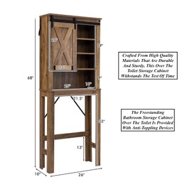 Rustic Brown Over The Toilet Bathroom Storage Cabinet with Sliding Barn Door 3 Position Adjustable Shelves Safe with Anti-Toppling Device Ample Storage Space for Storing Toiletries Cosmetics