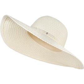 styleBREAKER 04025043 Women's Straw Hat Paper Straw with Pearl Band Wide Frayed Brim Sun Hat Floppy Hat, cream