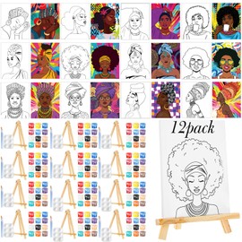 Zhanmai 12 Pack Pre Drawn Canvas for Painting Sip and Paint Kit 8" x 10" Paint Party Set Canvas Painting Pre Printed Canvases for Party Favor DIY Virtual Adult's Date Night(Afro Queen)