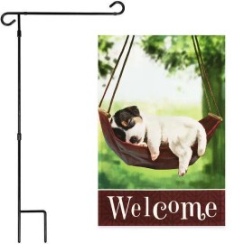 UD_G128 Combo Pack: Garden Flag Stand Black 36x16 Inch & Garden Flag Welcome Sleeping Puppy 12x18 Inch