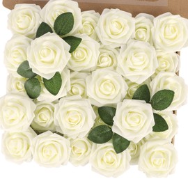 MACTING 30PCS Artificial Flower Roses Real Looking Fake Roses with Stem Ivory Foam Flowers for DIY Wedding Flower Bouquets Table Centerpieces Party Baby Shower Home Spring Decorations
