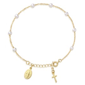 Drogomen Christian Gifts for Women, Dainty 14K Gold Plated Virgin Mary Rosary Cross Bracelet Catholic Confirmation Gifts for Teens Baptism First Communion Religious Jewelry Gift (A)