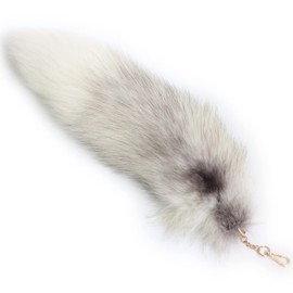 Arctic Fox Tail Keychain Pendant - Plush White Fur with Grey Highlights