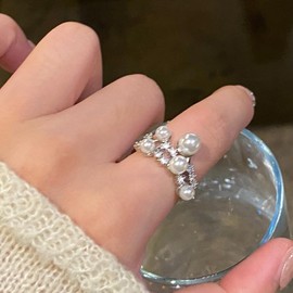 Yheakne Vintage Kristall Perlen Ring Silber Strass Perlen Cluster Cz Finger Ring Hochzeitsring Schmuck Für Frauen