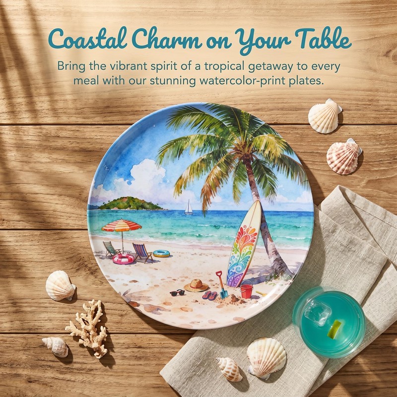 molidiki 12-Piece Melamine Dinner Plates, 10.5" Beach Coastal, BPA-Free.