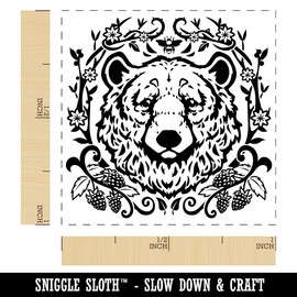 Floral Black Bear Head with Flowers and Blackberries Self-Inking Rubber Stamp Ink Stamper - 1 Inch Small - Sky Blue Ink