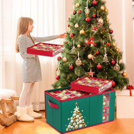SOQSYS Christmas Ornament Storage Green Christmas Storage Container with 8 Trays Large Christmas Ornament Storage Box Fit 128 Ornaments Tree Storage Container Christmas Ornament Organizer for Holiday