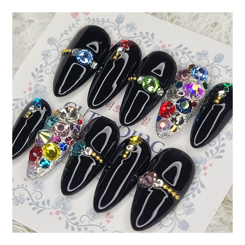 Color Full Stone Handmade Nail Tips - Square M /