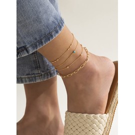 4pcs Ankle Bracelets for Women Gold Boho Beach Anklet Chain Adjustable Foot Jewelry for Girls Extremely Simple Style (Gold)