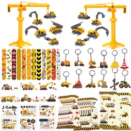 Pack of 60 Birthday Party Accessories for Construction, Toy Set with Excavator, Drill, Road Roller, Bulldozer, Key Chain, Stickers, Pat Rings, Gift Bags, Construction Site Party Bags, Children's