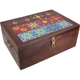 GURU SHOP Rustic Small Treasure Chest, Wooden Box, Jewellery Box with Recessed Tiles - Model 1, Brown, Mango Wood, 14 x 35 x 25 cm, Tins, Boxes & Caskets