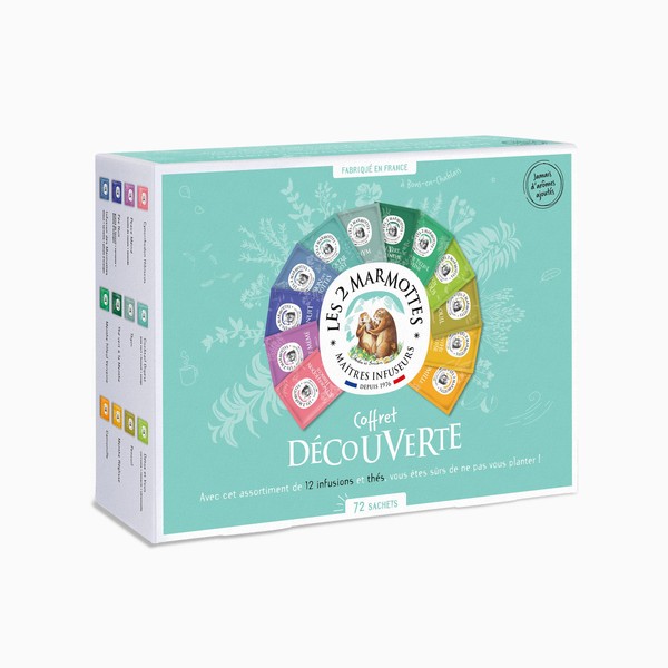 Les 2 Marmottes - "Discovery" set of 72 sachets - tasting 11 infusions 1 tea - ideal as a gift - well-being and relaxation - introducing plants - made in France - no added flavours - 115 g