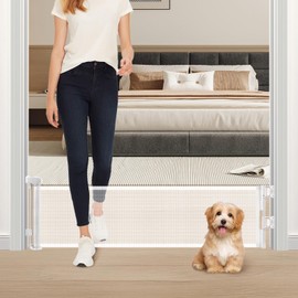 Unidevice Retractable Short Dog Gate - Small Puppy Mesh Safety Pet Gates Doggy Door for Doorways Stairs Kitchen Hallways Indoor, 14" Tall, Extends up to 59" Wide, White