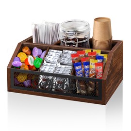 Coffee Station Organizer for Counter, Wood Pods Holder Basket with Removable Dividers, Office Coffee Bar Accessories Decor for Syrup, Cups, Stirrer, Tea