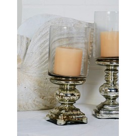 Deco 79 Glass Handmade Turned Style Pillar Hurricane Lamp with Faux Mercury Glass finish, 6" x 6" x 14", Silver