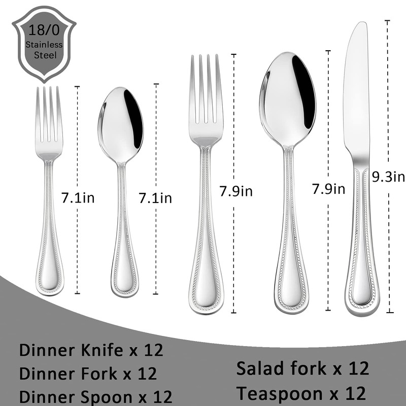 HaWare Silverware Set, 60-Piece Pearled Edge Stainless Steel Flatware for