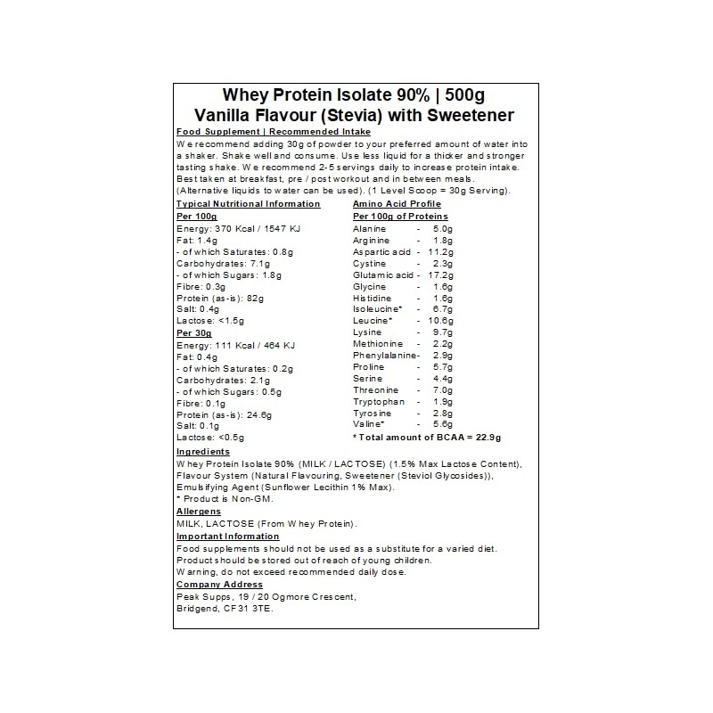 Whey Protein Isolate 90% - Vanilla Stevia Flavour (500g)