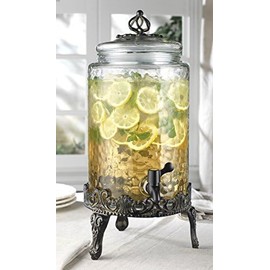 Elegant Home Hammered Glass Ice Cold Beverage Drink Dispenser - 2.7 Gallon, With Glass Lid and Antique Metal Stand, 100% Leak Proof Spigot- Wide Mouth Easy Filling For Outdoor, Parties & Daily Use