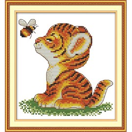 Stitchmelody 14CT Counted Cross Stitch Kits,DMC Unprinted Pattern Embroidery Set Needlework-Tiger and Bee 7''×7.5''