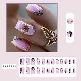 Press on Nails Square Medium Pink Glossy Full Cover Acrylic Square Medium Glitter False Nails with Black Leaf Designs Artificial Short Coffin Fake Nails Glue Stick on Fingernails for Women Girls