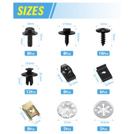 JatilEr 80 Stück Karosserieschrauben Clips Set, Kfz Blechmuttern Schraube Mutter Clip Kit, U Typ Befestigungsclips mit Klemmscheiben Hitzeschutzblech für Auto Body Undertray Fender Türverkleidung