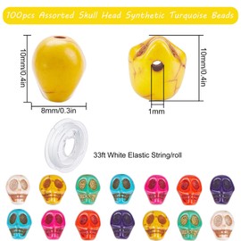 THEDAYEE 100pcs Colofrul Turquoise Skull Beads 8x10mm Charms Spacer Loose Gemstone Beads for Jewelry Making Crafts Friendship Bracelets with Crystal Stretch Cord