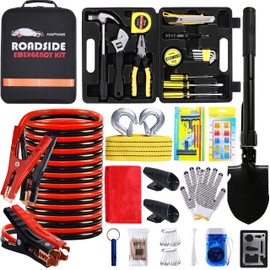 HAIPHAIK Car Emergency Roadside Kit - Roadside Assistance Emergency Kit, Car Emergency Kit with Jumper Cables, Safety Kits for Cars,Folding Shovel, Tow Rope,Car Tool Kit