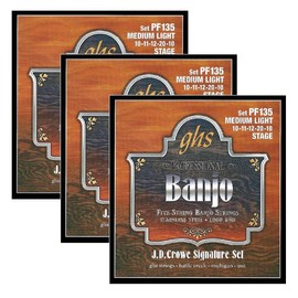 GHS Strings - 5-String Banjo Strings - J.D. Crowe Signature Set (Stage) Loop End - Medium Light Gauge - 010-020 - Model: PF135 SET - Pack of 3 SETS