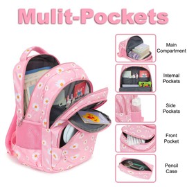 Lroiutian Girls Backpack for School Backpack with Lunch Box Pencil Case Set, 3-in-1 Lightweight Water Resistant School Bag for Kids Elementary Teen Bookbag (Daisy Pink)