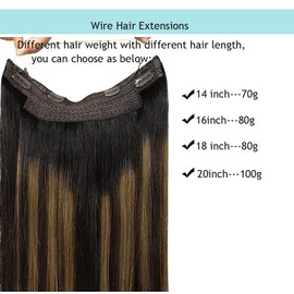 Human Hair Extensions, Wire Hair Extensions Human Hair,Flip in Hair Extensions,Ombre Natural Black to Chestnut Brown Highlights 20Inch 100g Silky Straight One Hairpiece Wire Extensions Human Hair Clip in Extensions with Invisible Fish Line Wire Hair Exte