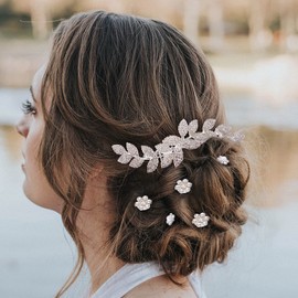 Cinaci 41 Pack Sparkly Silver Rhinestone Leaf Flower Pearl Bridal Hair Side Combs+U-shaped & Twist Hair Pins Clips Barrettes Wedding Headpieces Accessories for Women Girls Brides Bridesmaids