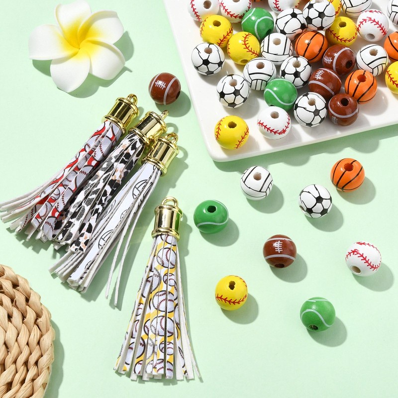 Ipotkitt 56 pcs 7 Styles 16mm Ball Game Wood Beads