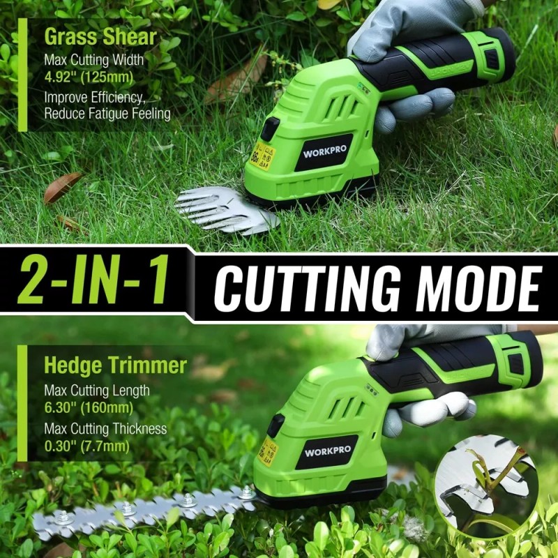 WORKPRO 12V 2-in-1 Cordless Grass Shear Shrubbery Trimmer Handheld Hedge